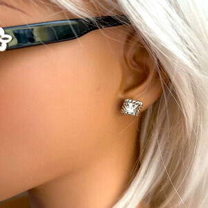 Brighton Regina Clear Crystal Mini Square Post Silver Pierced Earrings.